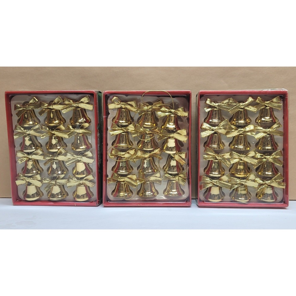 Holiday Style Gold Metal Christmas Bell Ornaments with Bows 36 Count 1 Inch